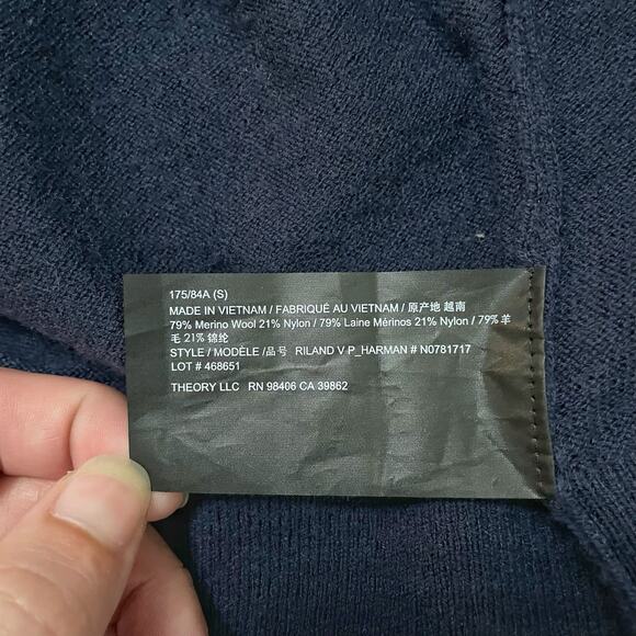 Theory Riland Long Sleeve V-Neck Sweater Merino Wool Blend Navy Blue Size Small - Picture 4 of 9